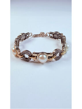 Gancini Pearl & Cubic Zirconia CZ Sterling Silver Gold Vermeil Panel Bracelet
